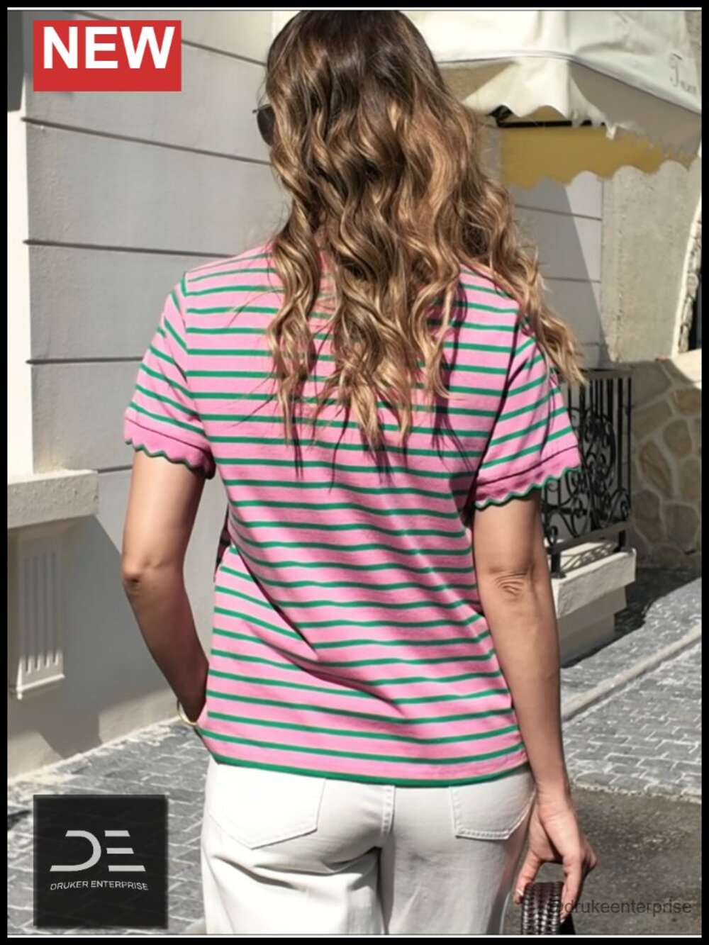 Striped Scalloped Trim Crew Neck Loose Fit Cotton Tee - Picture 6 of 6